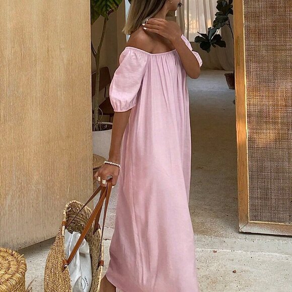 Pink Elegant Women's Summer Solid Color Off-Shoulder Short Sleeve Loose Dress - Picture 4 of 7